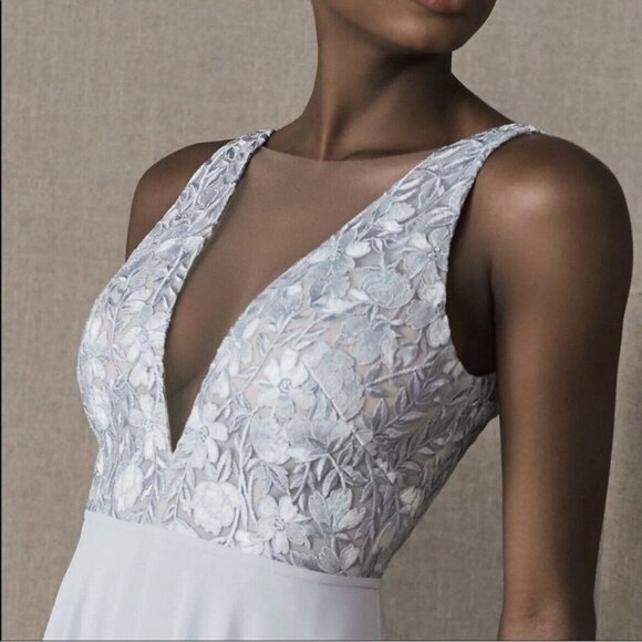 BHLDN x ANTHROPOLOGIE Jenny Yoo Kinsley Dress Embroidered Chiffon Whisper Blue - Picture 2 of 11